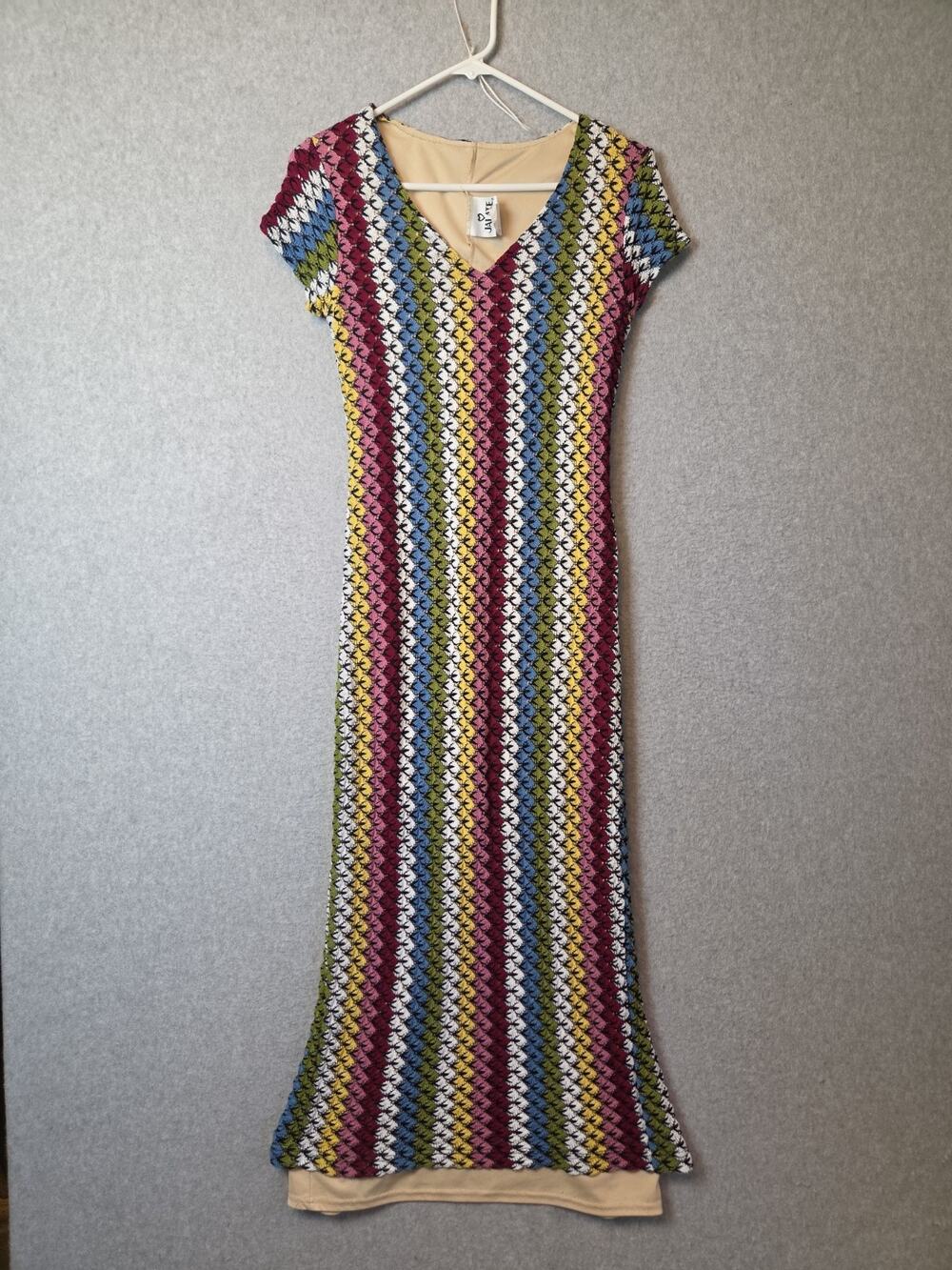 Vtg JALATE Multicolor Chevron Stripe Crochet Knit Bodycon Maxi Dress Medium USA